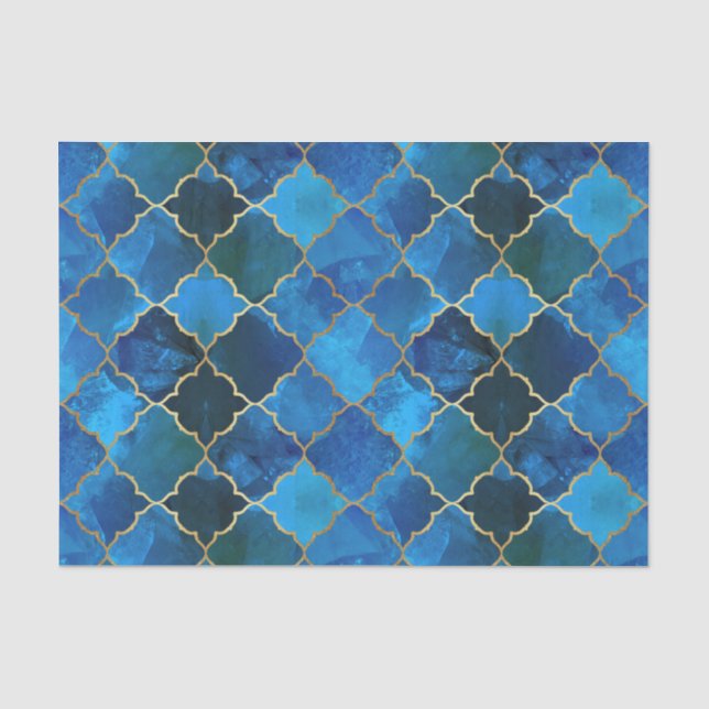 Sapphire Gemstone & Gold Moroccan Tile Pattern Tissue Paper (Front)