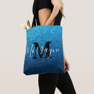 Sapphire Glitter Ombre Sparkle Metallic Monogram Tote Bag