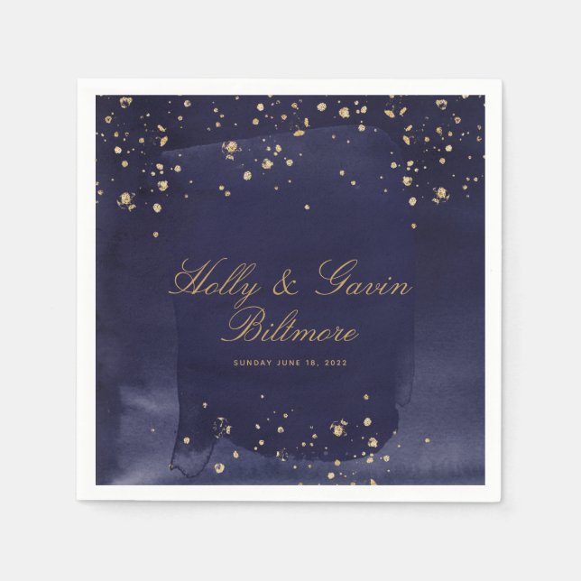 Sapphire & Gold Wedding Cocktail Napkins (Front)
