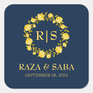 Sapphire Grace Blue and Gold Wedding Square Sticker