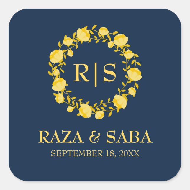 Sapphire Grace Blue and Gold Wedding Square Sticker (Front)