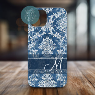Sapphire Grunge Damask Pattern with Monogram Case-Mate iPhone 14 Pro Case