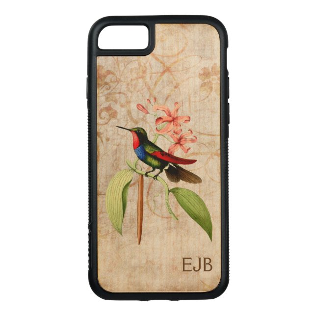 Sapphire Hummingbird Monogram Carved Wood iPhone Case (Back)