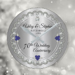 Sapphire Jubilee Diamonds 70th Wedding Anniversary Round Clock<br><div class="desc">Opulent elegance frames this 70th wedding anniversary design in a unique scalloped diamond design with centre teardrop diamond with heart-shaped sapphire accents and faux added sparkles on a silver-tone gradient. Please note that all embellishments are printed and are only made to appear as real as possible in a flat, printed...</div>