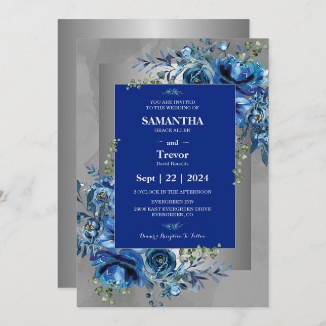 Sapphire Petals: A Silver Celebration of Love  Invitation (Front/Back)