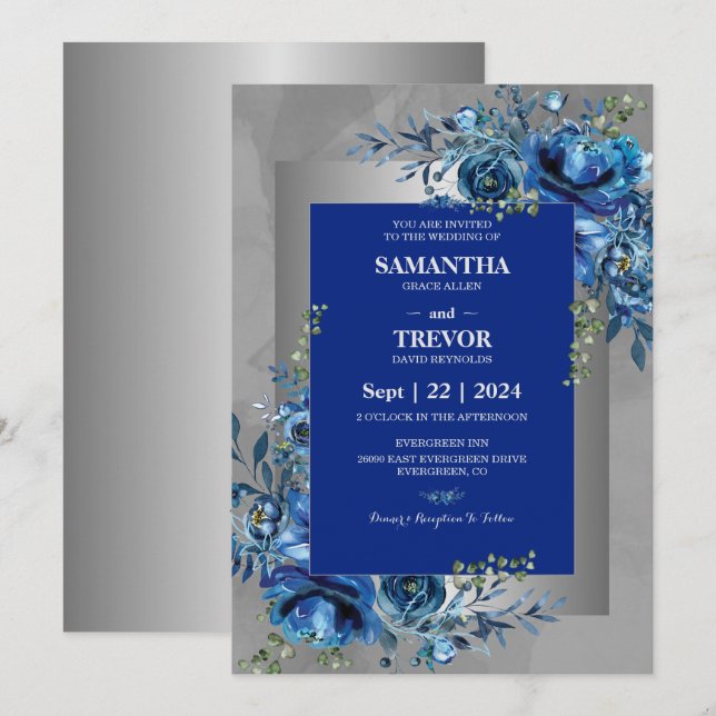 Sapphire Petals: A Silver Celebration of Love  Invitation (Front/Back)