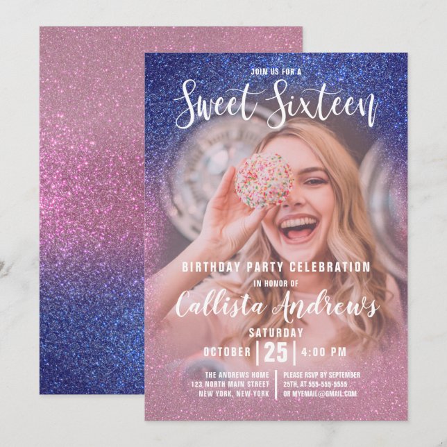 Sapphire Pink Triple Glitter Ombre Photo Sweet 16 Invitation (Front/Back)