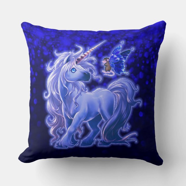 Sapphire Sparkle Blue Unicorn Throw Pillow (Front)