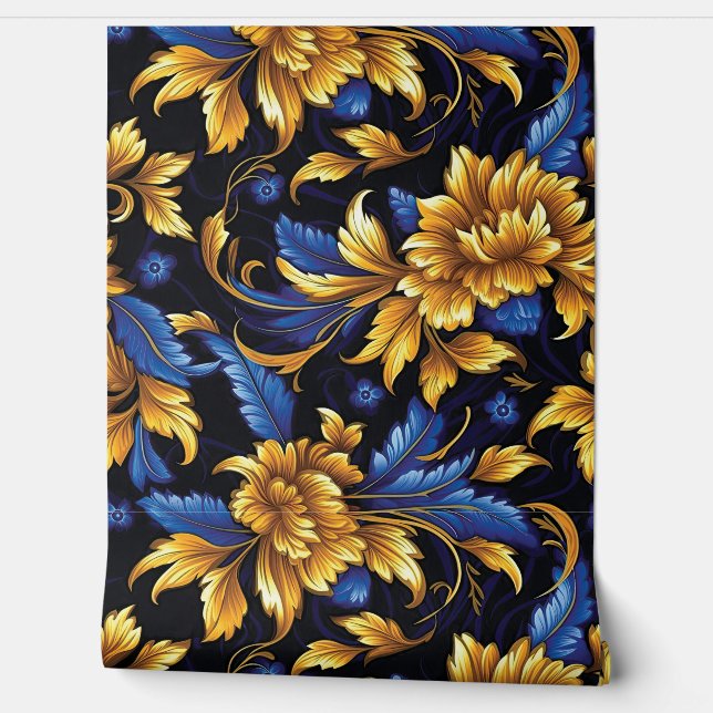 Sapphire Starlit Symphony Botanical Wallpaper (Unrolling)