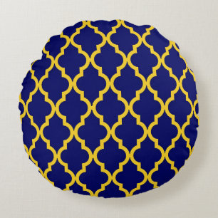 Sapphire Sun: Blue & Yellow Boho Moroccan Elegance Round Pillow