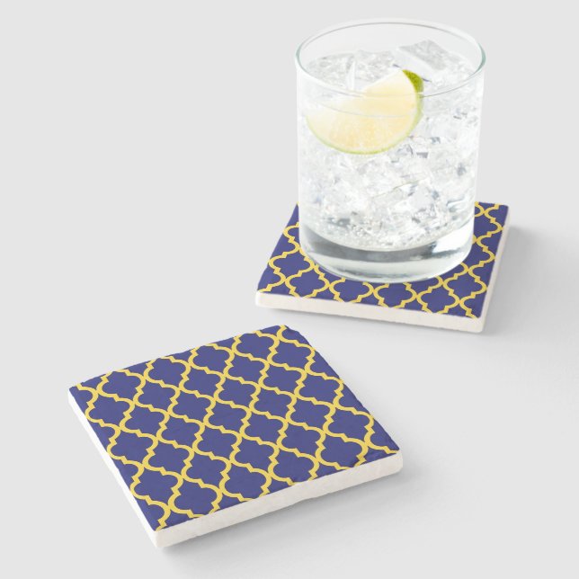 Sapphire Sun: Blue & Yellow Boho Moroccan Elegance Stone Coaster (Side)