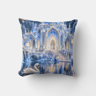 Sapphire Swan Moonlit Ice Palace Throw Pillow