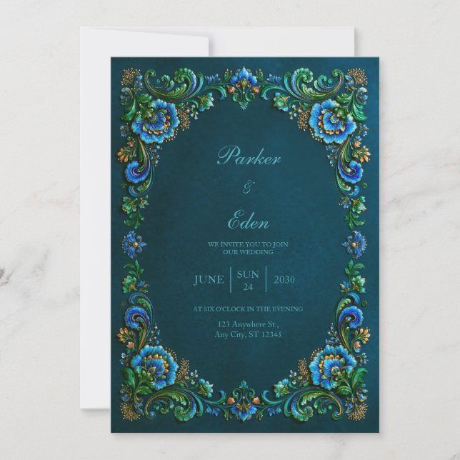 Sapphire Teal Floral Wedding Invitation (Front)