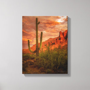 Saquaro Cactus Superstition Mountain Sunset 11x14 Canvas Print