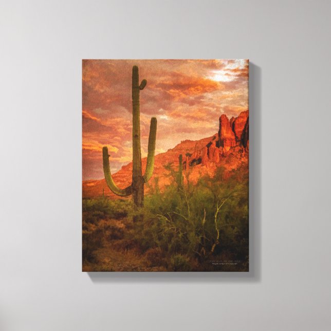 Saquaro Cactus Superstition Mountain Sunset 11x14 Canvas Print (Front)