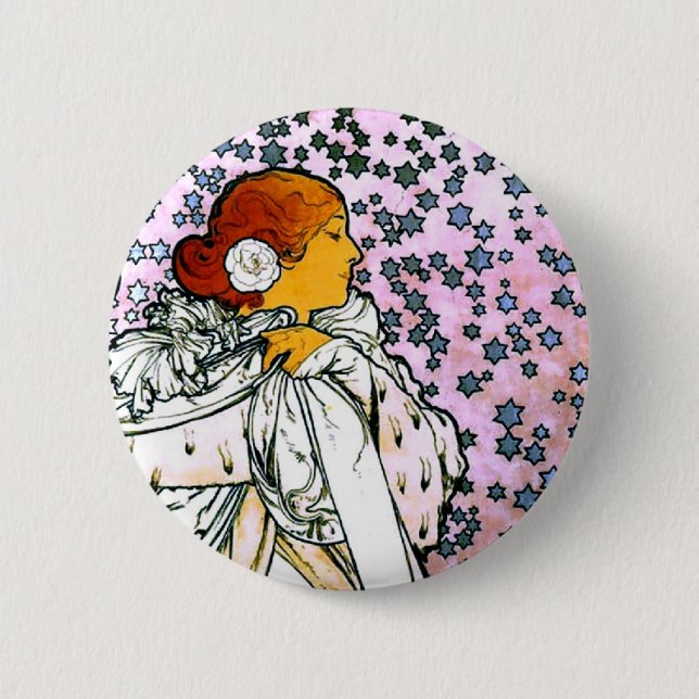 Sarah Bernhardt, La Dame aux Camélias, Mucha Fine 2 Inch Round Button (Front)