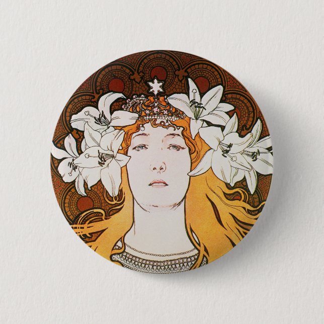 Sarah Bernhardt, Mucha 2 Inch Round Button (Front)