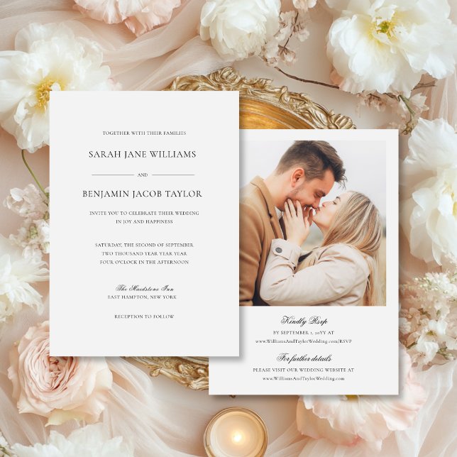 Sarah Elegant Wedding Invitations avec RSVP (This luxury wedding invite with RSVP features an elegant script font and an engagement photo.)