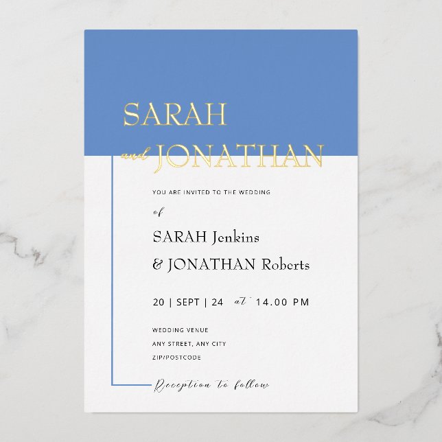 SARAH Modern Blue Minimalist Real Foil Invitation (Front)