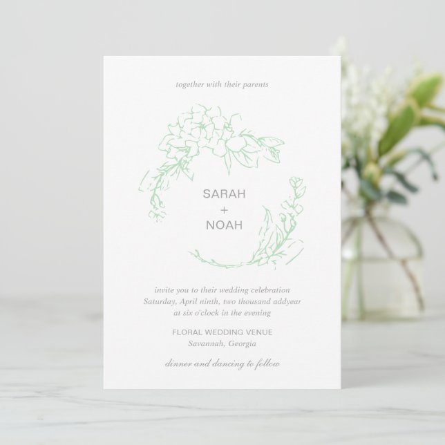 Sarah Sage Green Floral Wreath Modern Wedding Invitation (Standing Front)