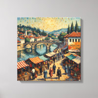 Sarajevo Riverside Bazaar Scene Canvas Art