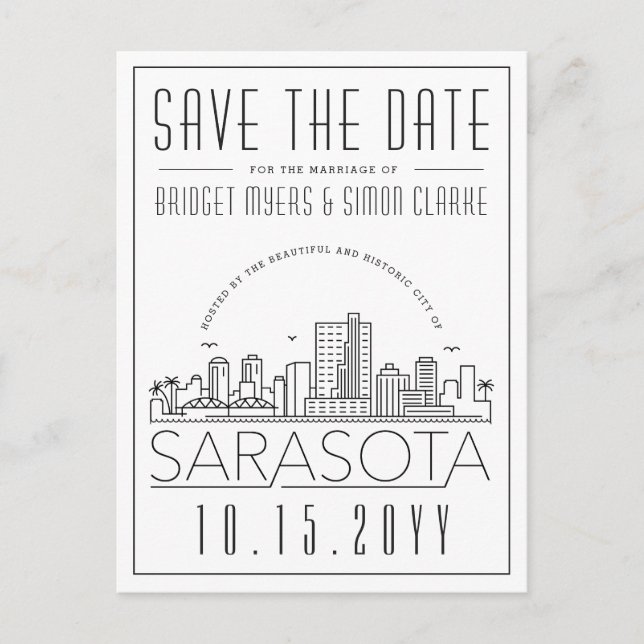  Sarasota Wedding | Stylized Skyline Save the Date Postcard (Front)