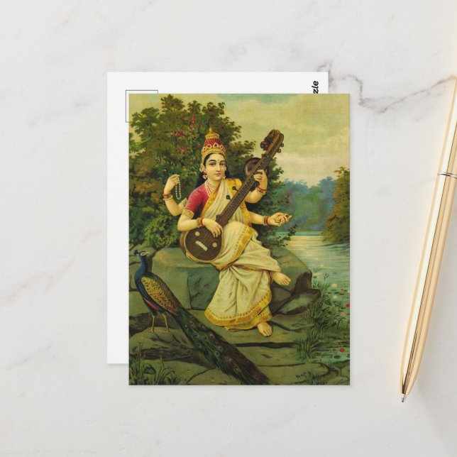 Saraswati, Goddess of Music by Raja Ravi Varma Postcard (Front/Back In Situ)