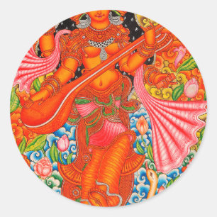 SARASWATI HINDU GODDESS OF LEARNING TANJORE CLASSIC ROUND STICKER