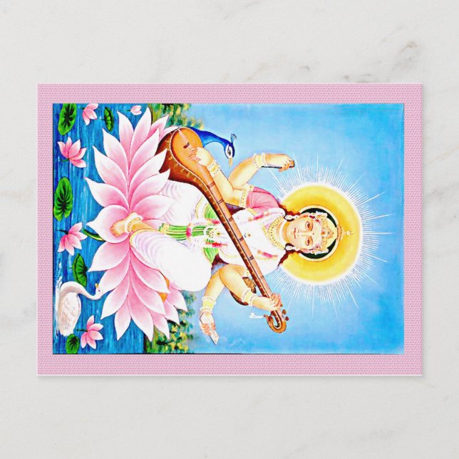 Saraswati Sitting on Pink Lotus Postcard (Front)