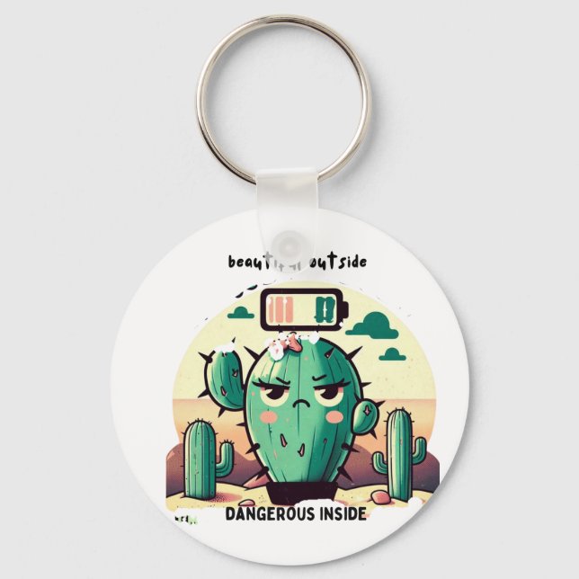 Sarcastic Cactus with Low Battery Keychain (Front)