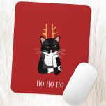 Sarcastic Christmas Cat Humor Mouse Pad<br><div class="desc">A sarcastic,  annoyed and unenthusiastic black and white tuxedo cat with Christmas antlers.  Ho ho ho,  etc.
Change or remove the text to customize.</div>