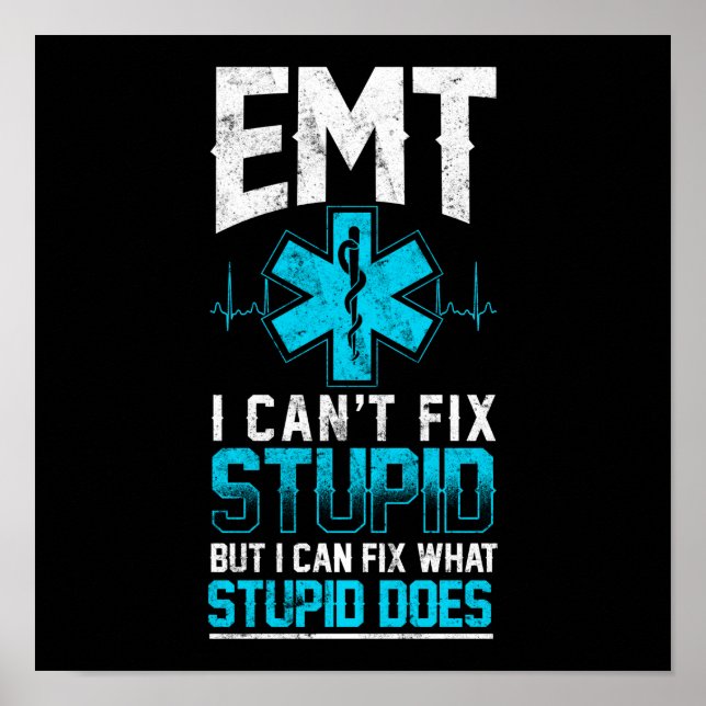 Sarcastic EMS Emergency EMT I Can't Fix Stupid Poster (Front)