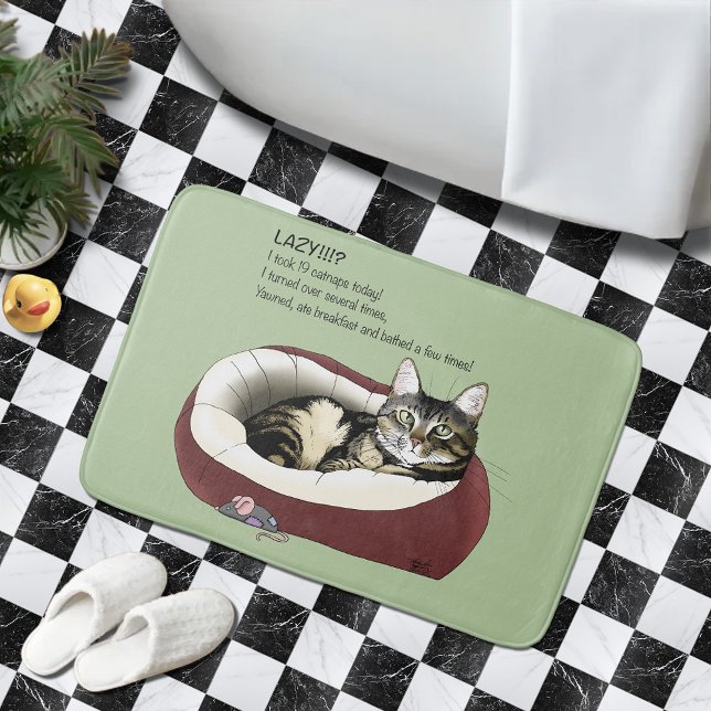 Sarcastic Lazy Tabby Cat Humour Sage Green Bath Mat (Creator Uploaded)