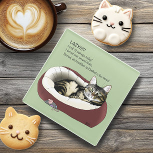 Sarcastic Lazy Tabby Cat Humour Sage Green Glass Coaster