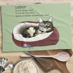 Sarcastic Lazy Tabby Cat Humour Sage Green Kitchen Towel