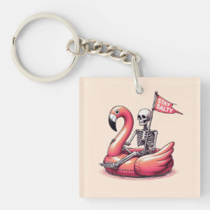 Sarcastic Skeleton on Flamingo - Stay Salty Keychain