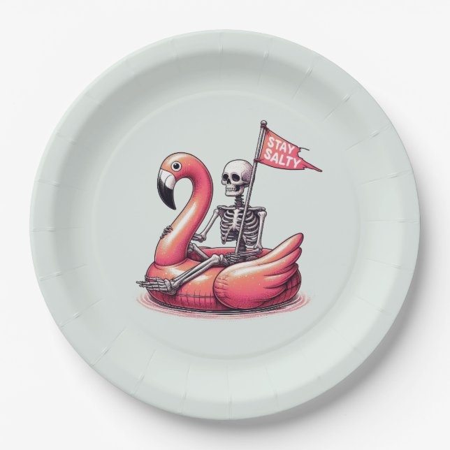 Sarcastic Skeleton on Flamingo - Stay Salty Paper Plate (Front)