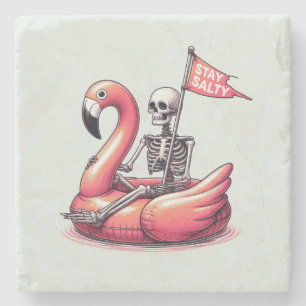 Sarcastic Skeleton on Flamingo - Stay Salty Stone Coaster