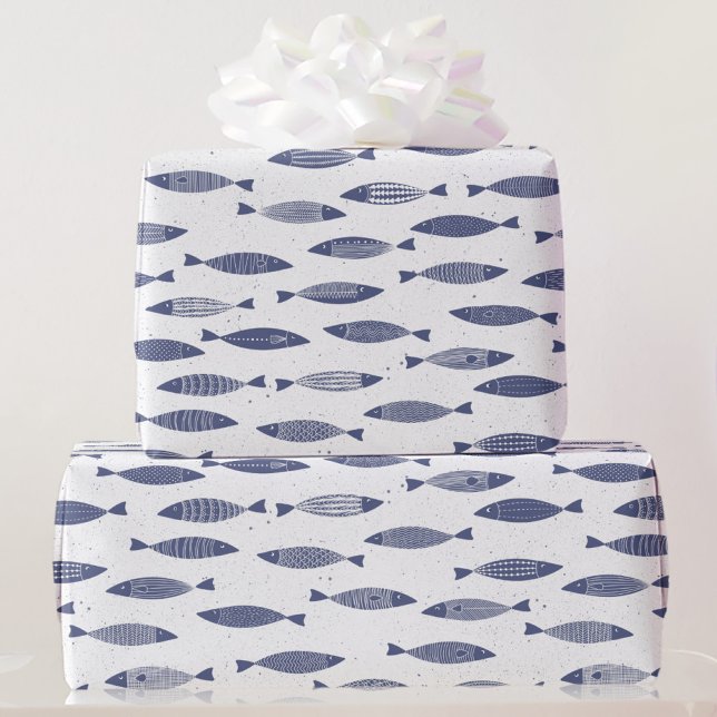 Sardine Fish Navy Blue White Coastal Wrapping Paper (Sardine fish blue and white block print Mediterranean gift wrap paper roll)