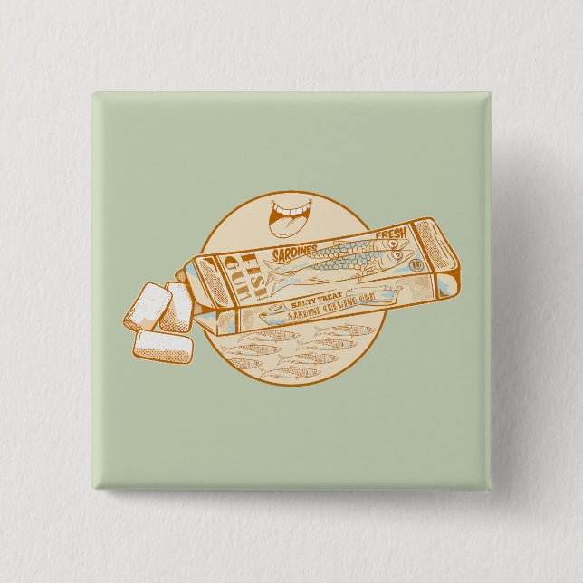 Sardine flavoured chewing gum funny fish 2 inch square button (Front)