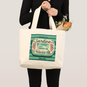 Sardine Illustration Teal Cream Italian Retro  Large Tote Bag