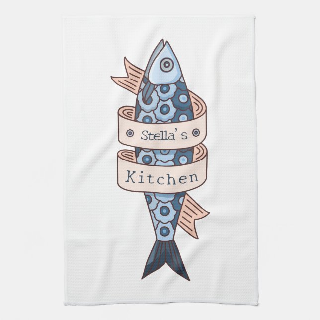 Sardine Line Drawing Personalized Kitchen Towel (Vertical)