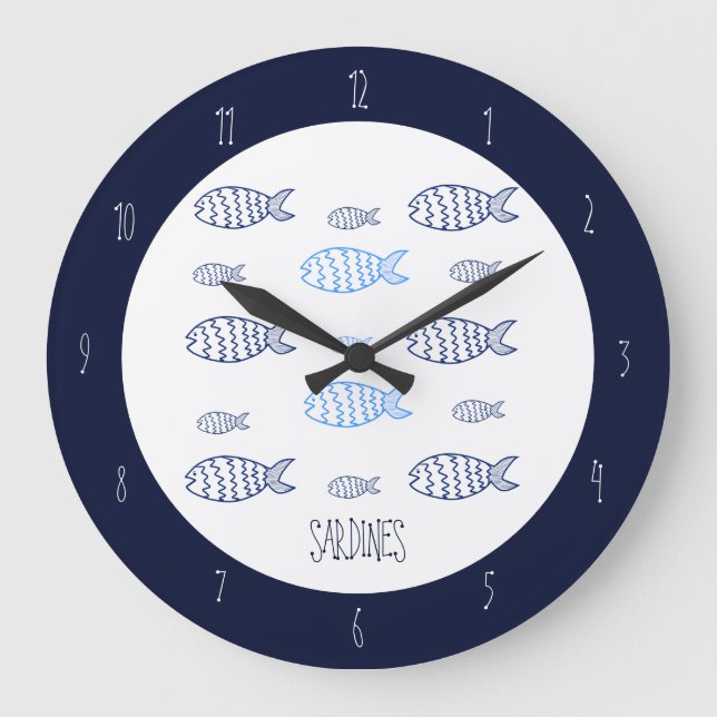 Sardines Coastal Line Art Kitchen Wall Clock (Front)