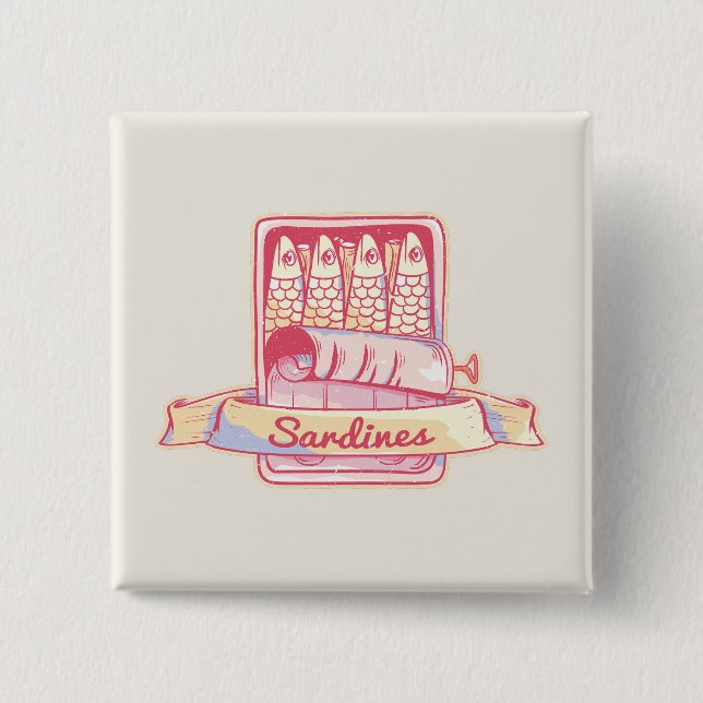 Sardines in a tin 2 inch square button (Front)
