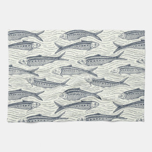Sardines in Motion in navy and ivory Kitchen Towel