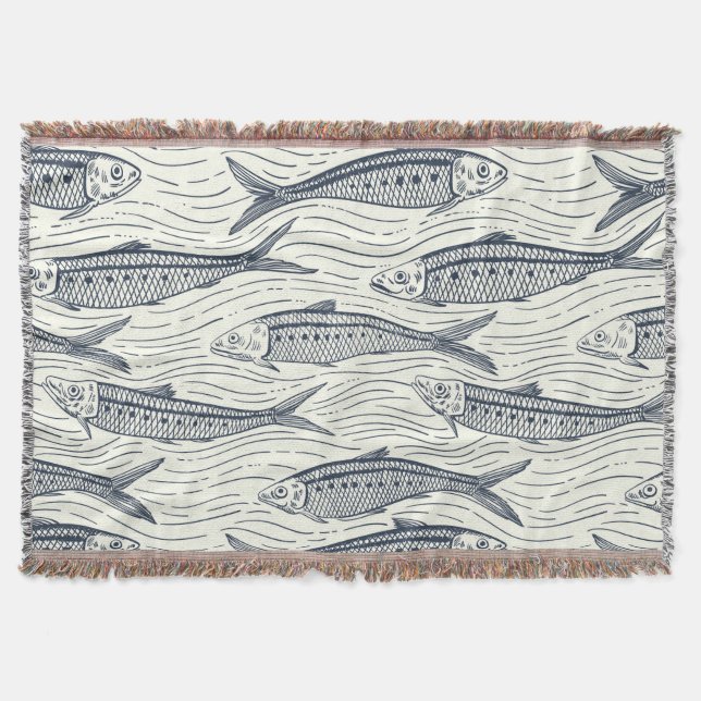 Sardines in Motion in navy and ivory Throw Blanket (Front)