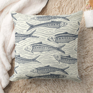 Sardines in Motion in navy and ivory Throw Pillow