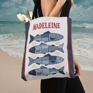 Sardines Lemons Patchwork Quilted Coastal Monogram Tote Bag