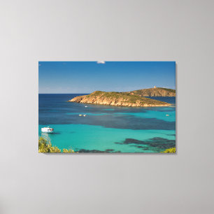 Sardinian clear blue sea & sky w/ boats and cliff canvas print