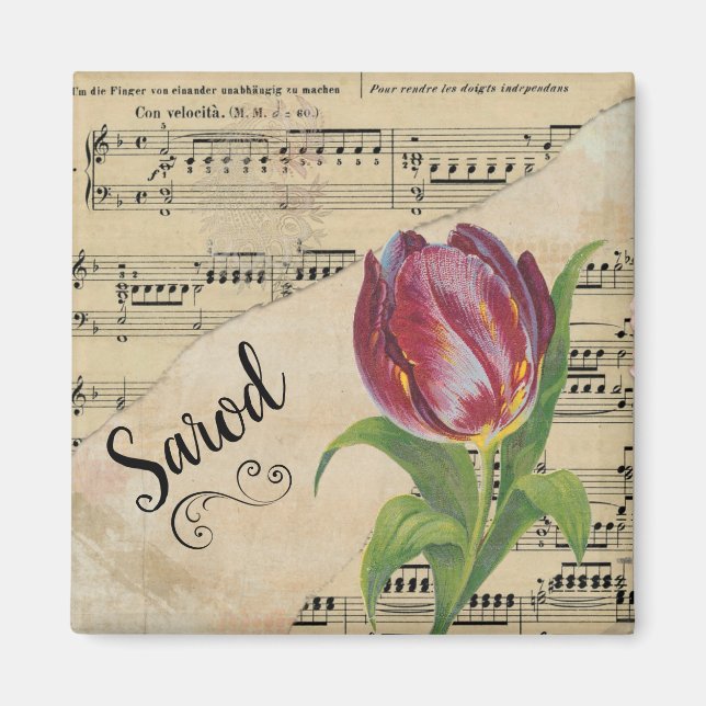 Sarod Elegant Tulip Vintage Sheet Music Magnet (Front)